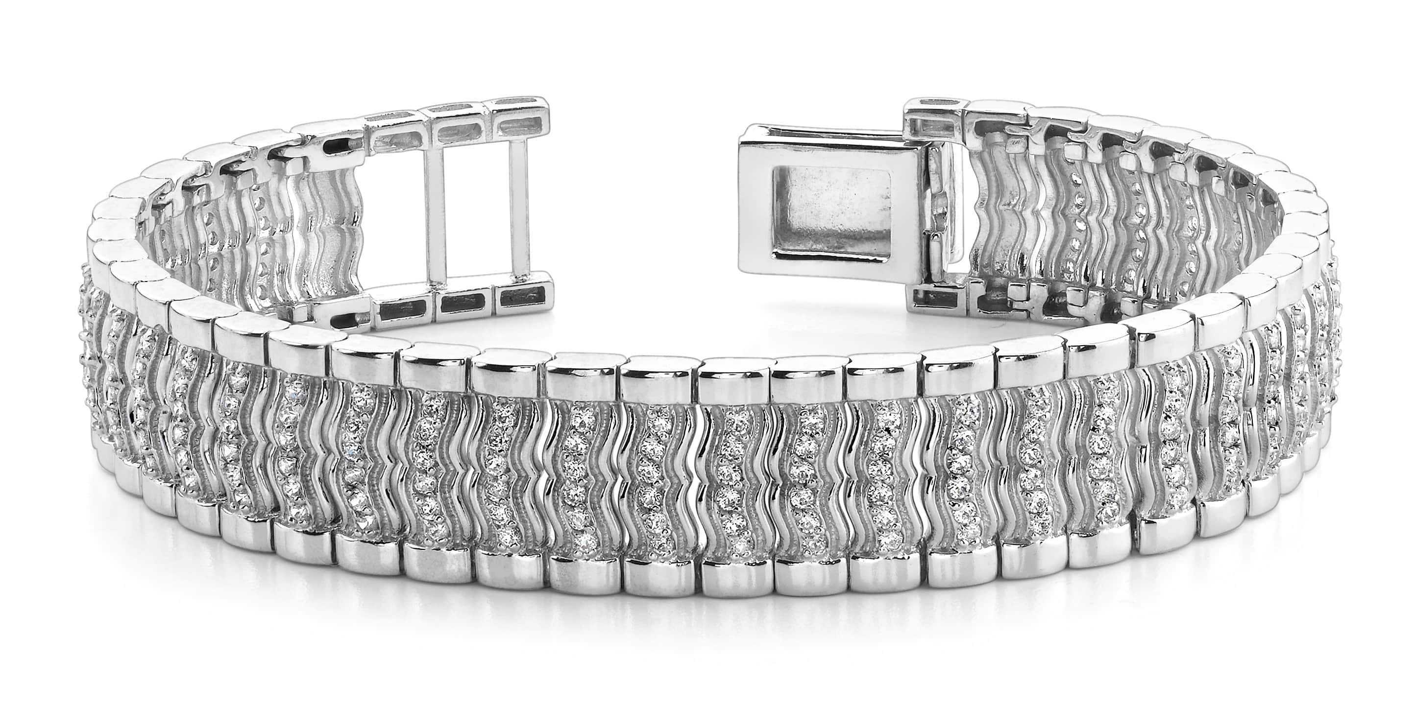 Wavy Diamond Link Mens Bracelet Available In Platinum Or Gold